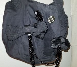 Black punk shoulder bag, beads, pins, bows